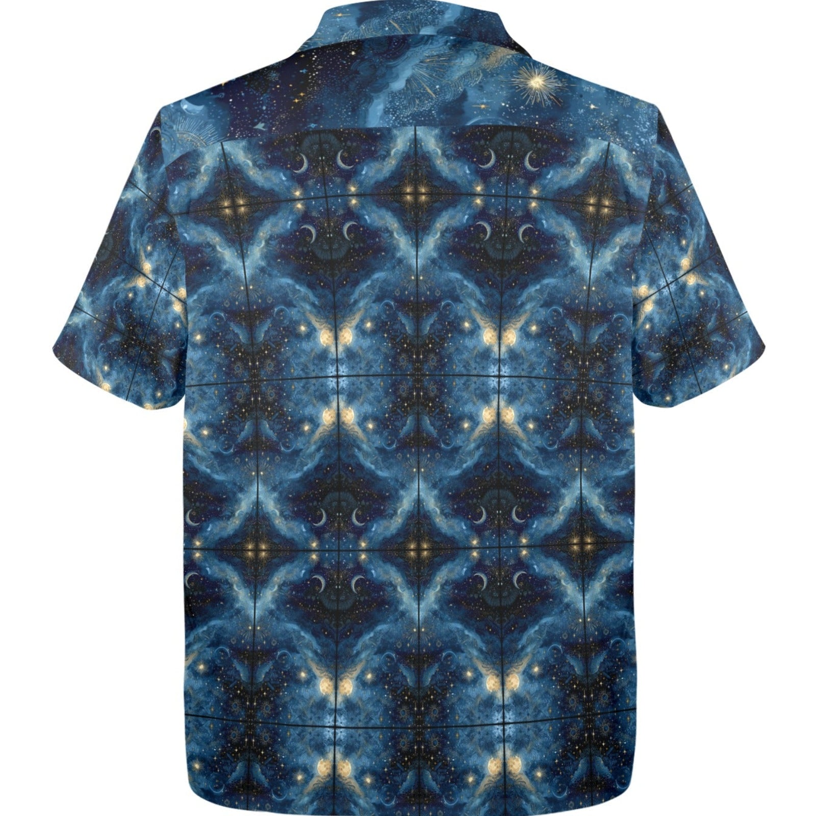 Short-sleeve shirt with a blue and black pattern on a white background