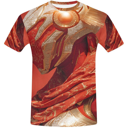 T-shirt with a red and gold abstract design on a white background