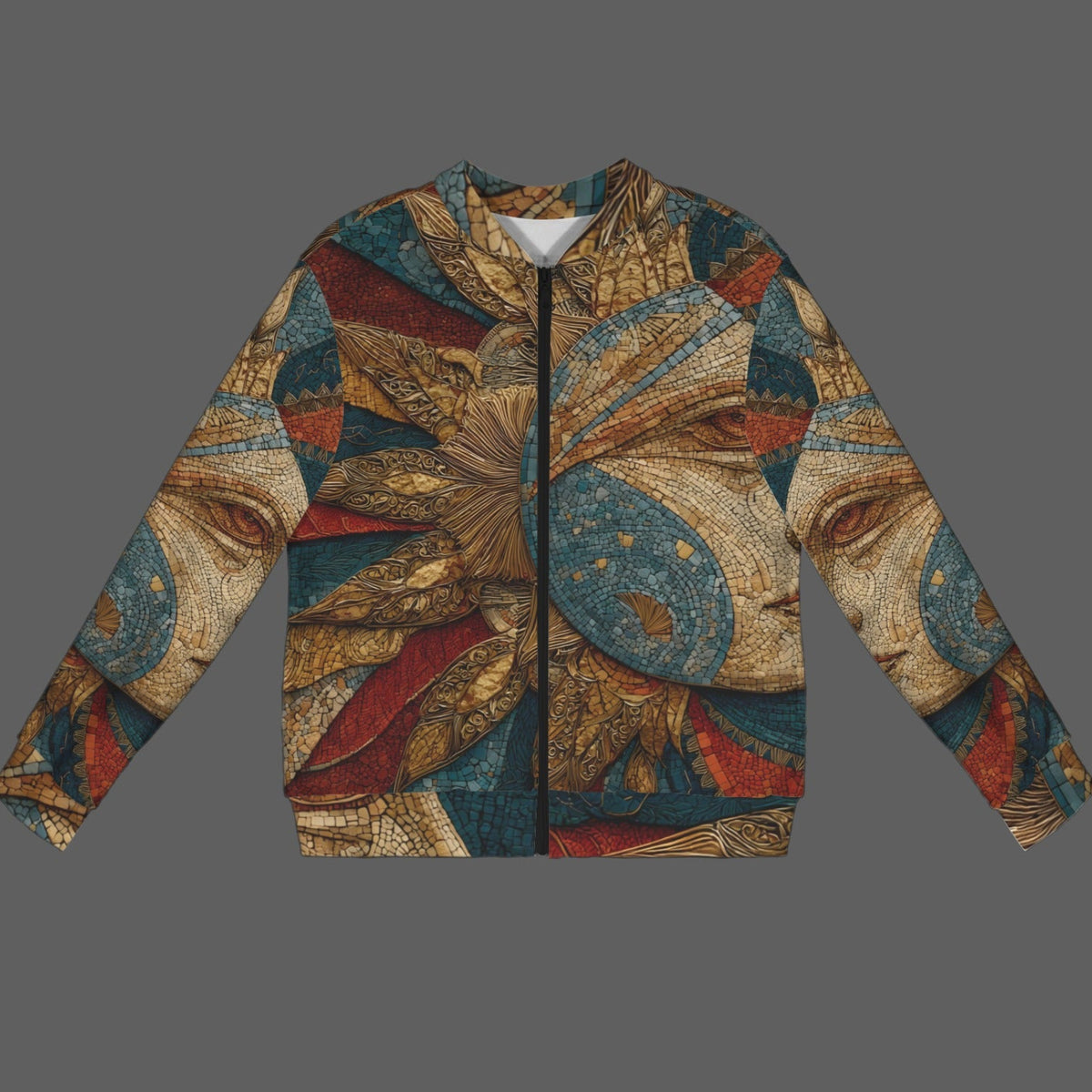 A full-zip bomber jacket featuring an all-over abstract art print with stylized faces, eyes, and textured patterns in gold, teal blue, rust red, and brown, displayed against a solid dark gray background.