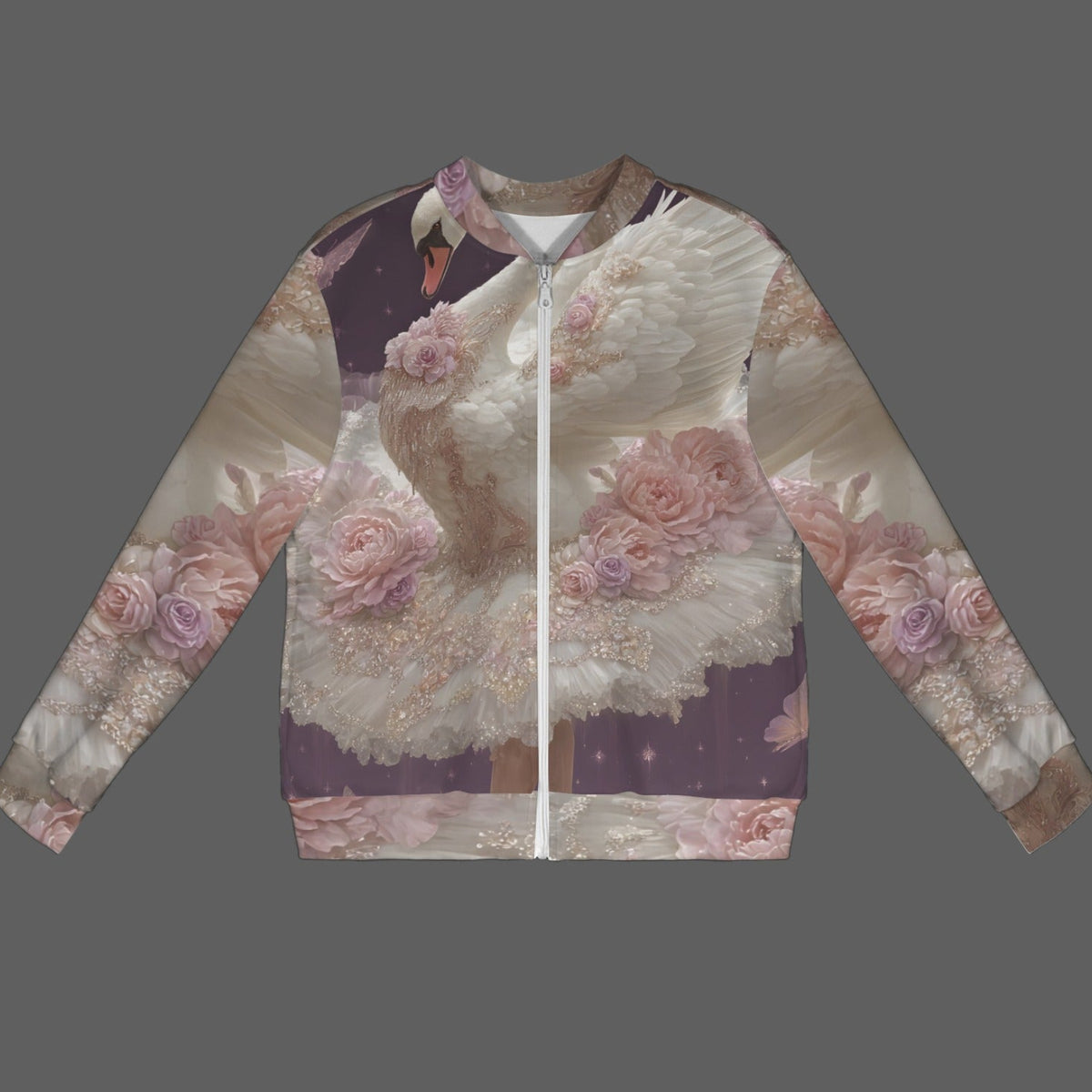 A long-sleeve zip-up bomber jacket featuring an all-over artistic print of a white angel wing, pink roses, and a purple background, displayed against a solid dark gray backdrop.