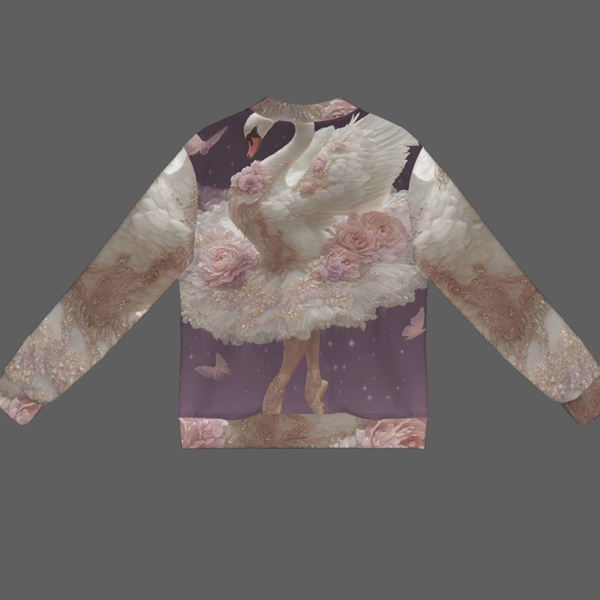 A long-sleeve crewneck sweatshirt featuring an all-over fantasy print of a white swan ballerina surrounded by pink roses on a purple and beige background, displayed on a solid dark gray backdrop.