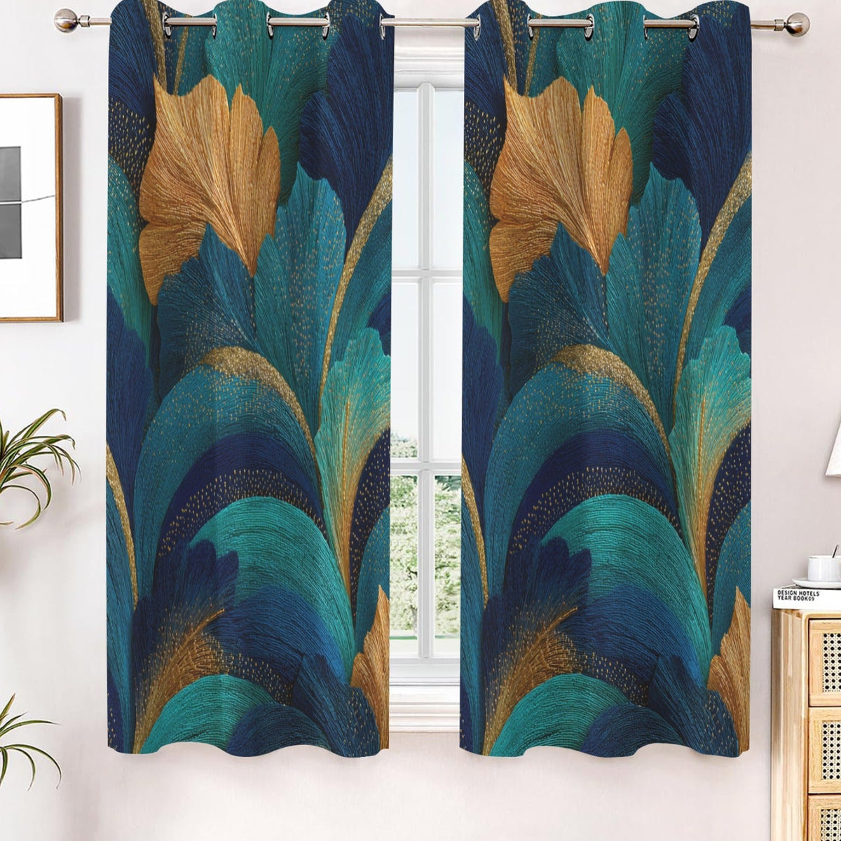 A pair of window curtain panels hanging on a silver rod in a styled room. The curtains feature a bold, abstract botanical pattern with flowing leaf-like shapes in deep teal, turquoise, navy blue, and metallic gold.