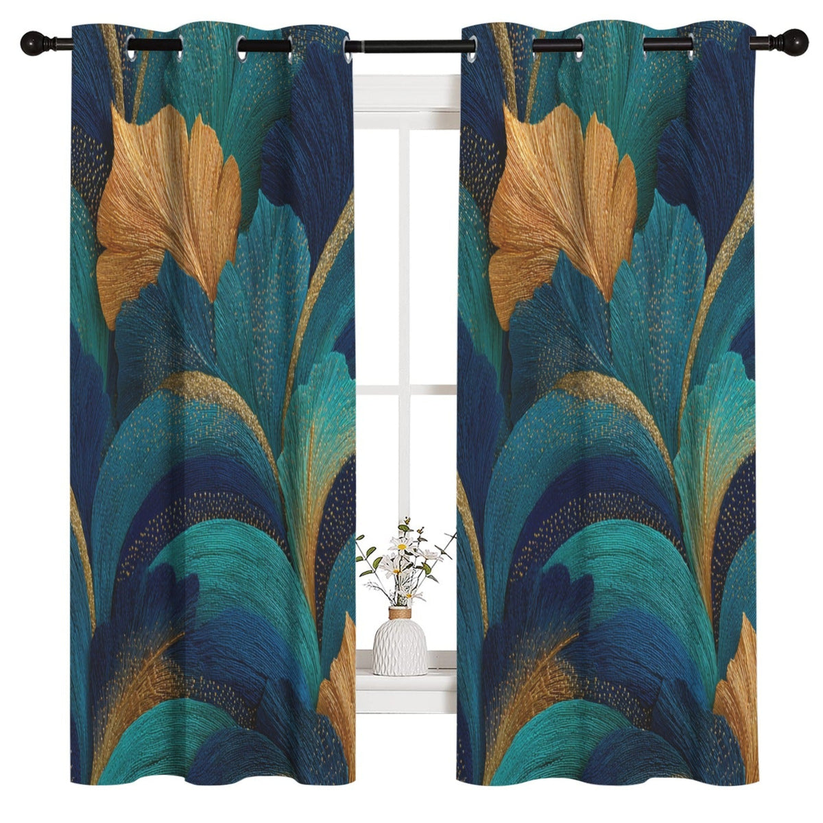 A pair of grommet-top window curtains with a bold abstract feather-like pattern in deep navy, teal, turquoise, and metallic gold, hanging on a black rod over a white window frame.