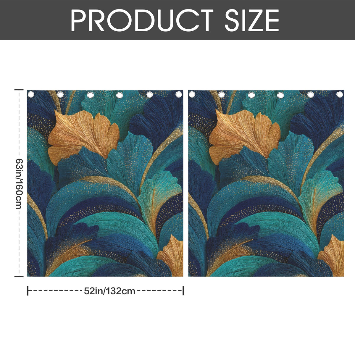 Product size diagram showing two rectangular panels with a blue and teal leaf pattern and gold accents, labeled 63cm by 52 inches, under a dark gray header that reads PRODUCT SIZE.