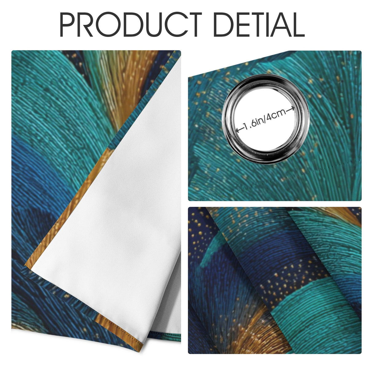 Product detail collage showing a patterned fabric sheet with teal, blue, and gold feather-like print, a white reverse side, and a circular sample area marked 1.6in/4cm.