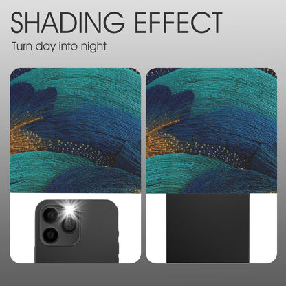 A promotional graphic showing a phone case with a dark abstract feather-like pattern in teal and blue, plus a black version shown on the back of a phone. Large text at the top reads 'SHADING EFFECT' with smaller text 'Turn day into night.