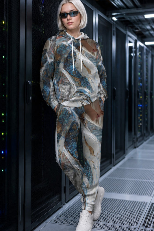 A model with short blonde hair and sunglasses stands in a server room wearing a matching two-piece tracksuit with an abstract marbled print in blue, brown, beige, and gray. The set includes a pullover hoodie and jogger pants, paired with white sneakers.