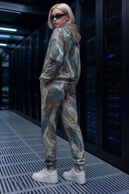 A model with short blonde hair and sunglasses stands in a server room wearing a matching two-piece tracksuit with an abstract marbled print in blue, brown, beige, and gray. The set includes a pullover hoodie and jogger pants, paired with white sneakers.