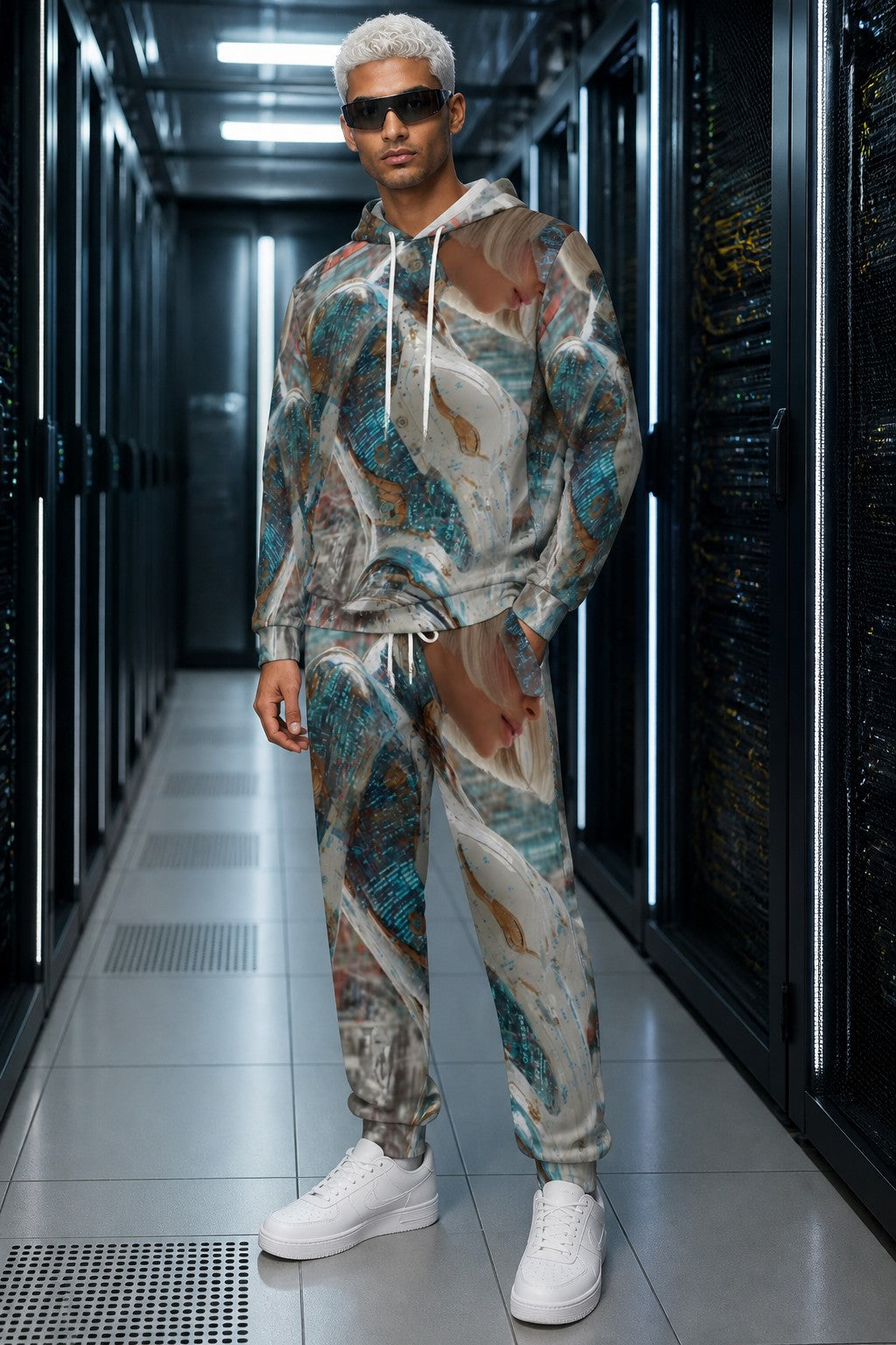 A model with short blonde hair and sunglasses stands in a server room wearing a matching two-piece tracksuit with an abstract marbled print in blue, brown, beige, and gray. The set includes a pullover hoodie and jogger pants, paired with white sneakers.