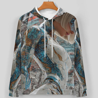 A long-sleeve hoodie hanging on a wooden hanger against a light gray background. The hoodie features a full-print graphic of a futuristic woman with white hair and a metallic blue and silver bodysuit.