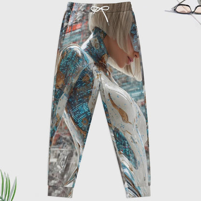A pair of jogger-style pants with an all-over abstract print featuring a woman in a white dress and blue marbled textures, shown on a light gray background with small decorative plant and eyeglass props.