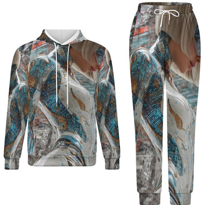 A matching two-piece hoodie and jogger pants set with an all-over abstract print featuring a stylized woman's face and flowing white, gray, teal, and brown patterns, shown on a plain white background.
