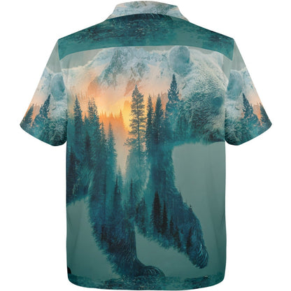 Short-sleeve shirt with a bear and forest design on a white background