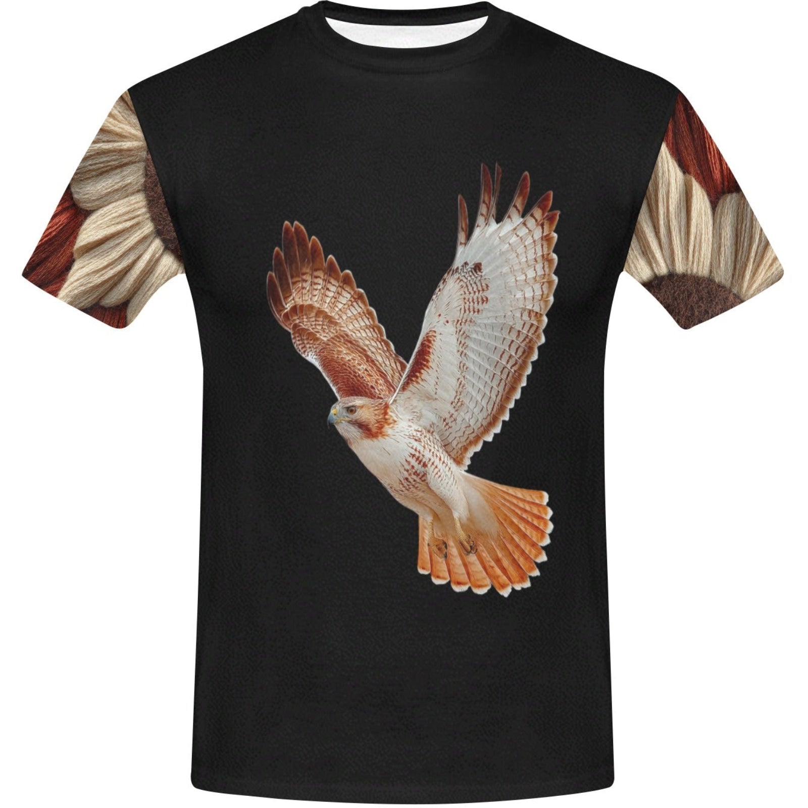 Black t-shirt with a hawk design on a white background