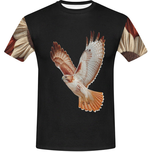 Black t-shirt with a hawk design on a white background