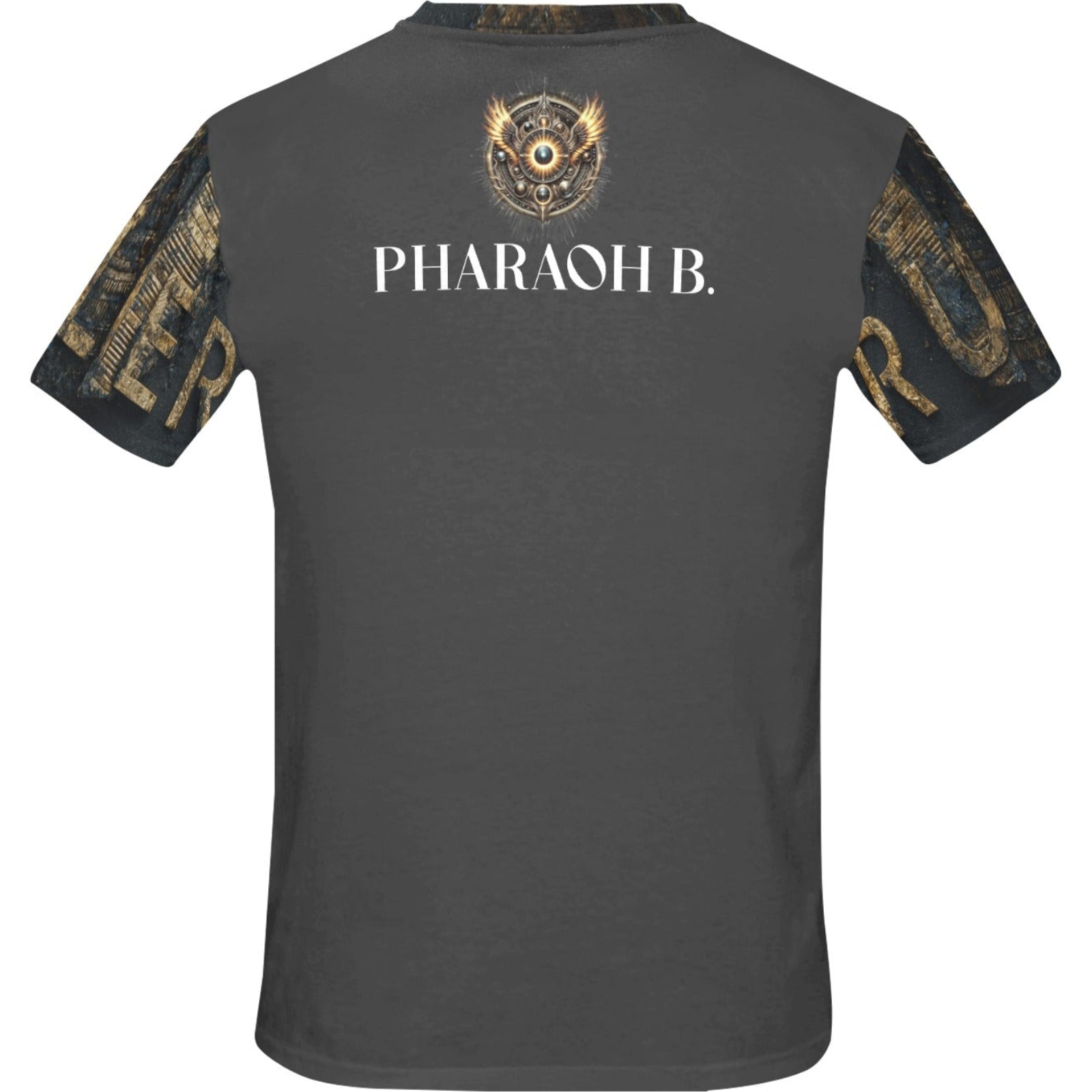 Gray t-shirt with 'Pharaoh B.' branding on a white background
