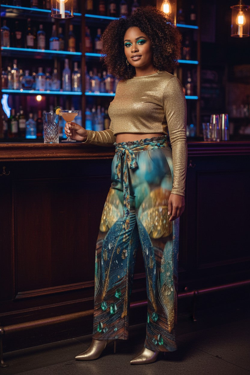A woman stands at a dimly lit bar wearing a shimmering gold long-sleeve crop top and high-waisted wide-leg pants with a blue, teal, and gold abstract print. She holds a cocktail glass in front of shelves of bottles.