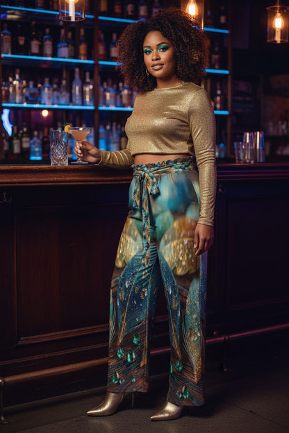A woman stands at a dimly lit bar wearing a shimmering gold long-sleeve crop top and high-waisted wide-leg pants with a blue, teal, and gold abstract print. She holds a cocktail glass in front of shelves of bottles.