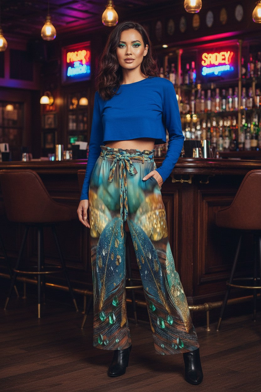 A woman stands in a dimly lit bar wearing a royal blue long-sleeve crop top and high-waisted, wide-leg pants with a colorful peacock feather print in teal, gold, and brown tones. She is wearing black boots, with bar stools and neon signs visible in the background.