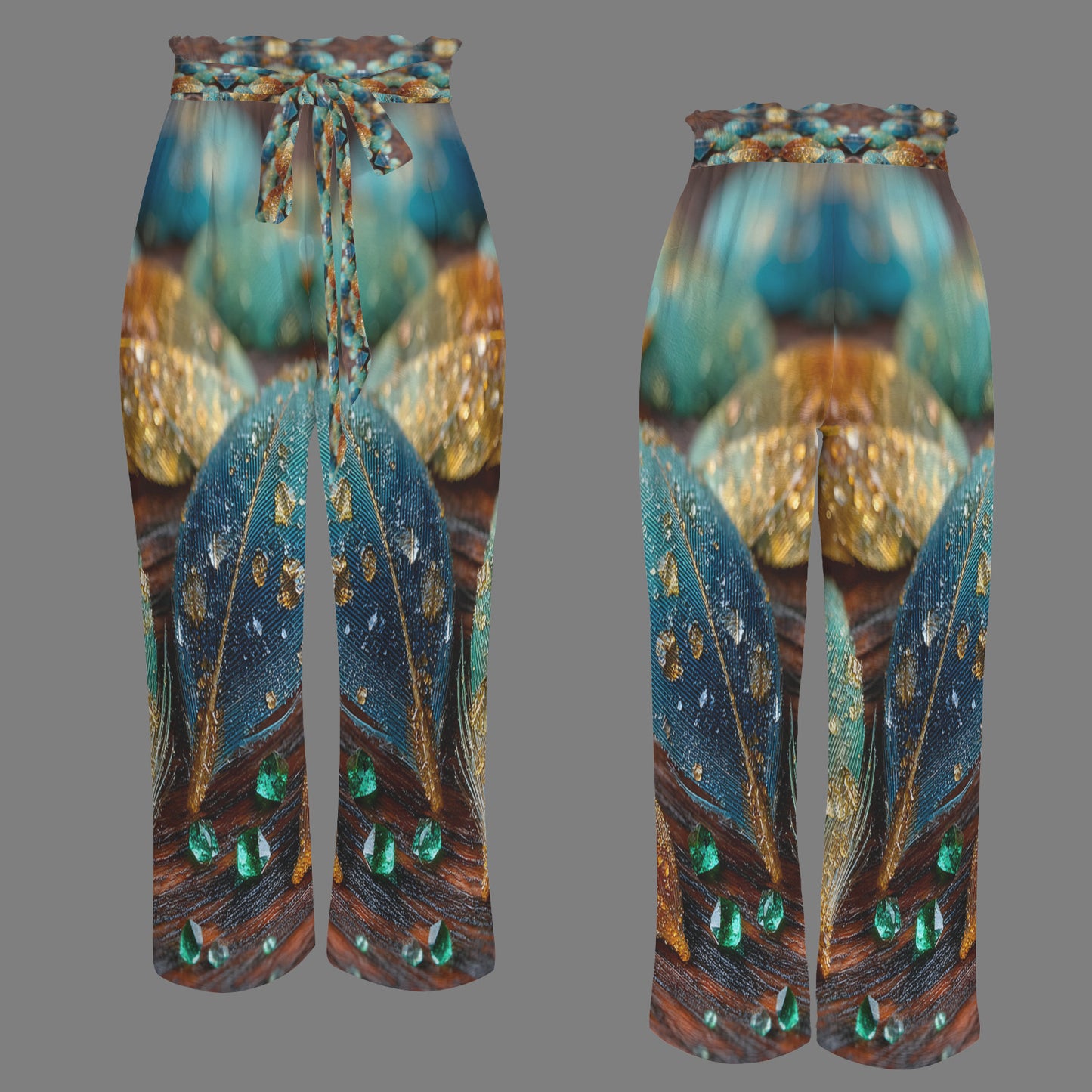 A pair of wide-leg cropped pants shown from the front and back on a plain gray background. The fabric features a detailed print of teal and blue feathers with gold spots and green jewel-like accents, and a braided multicolor drawstring at the waist.