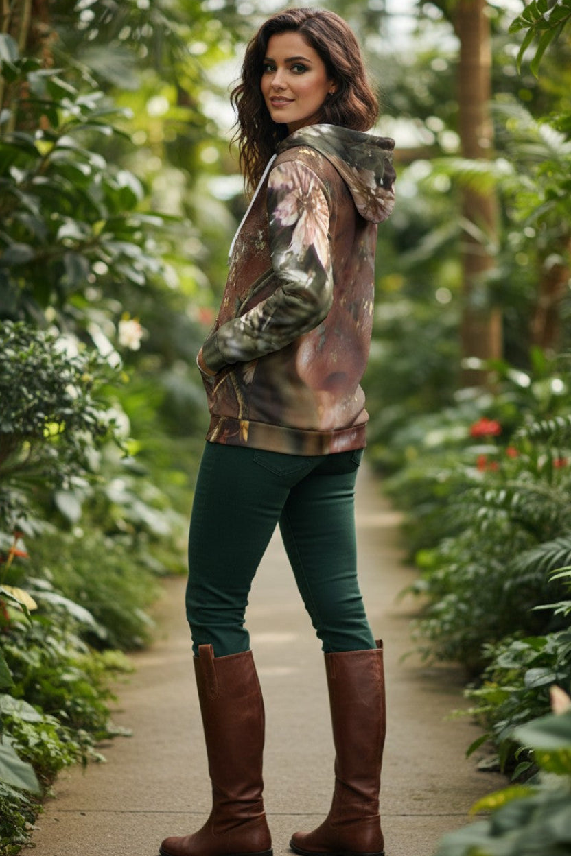 A woman stands on a garden path wearing a metallic camouflage-patterned hooded jacket, dark green pants, and brown knee-high boots, surrounded by lush green foliage.