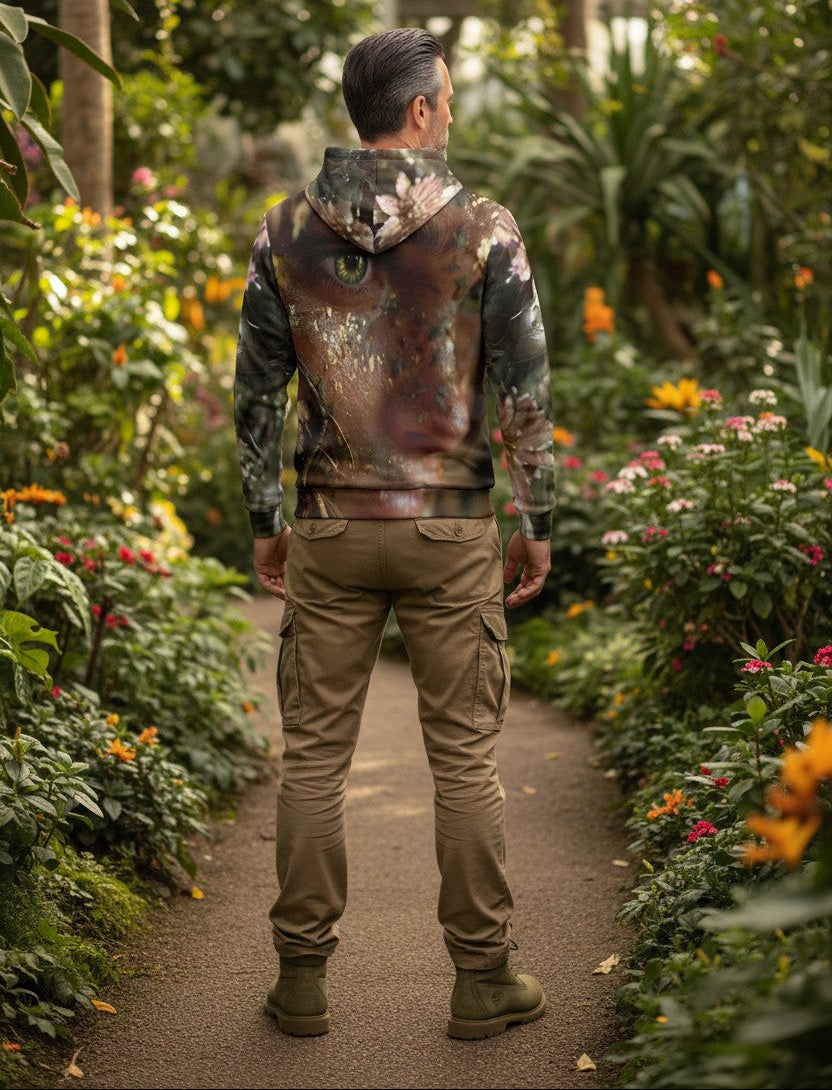 A man viewed from behind wearing a camouflage hoodie with a realistic animal print and a green eye graphic on the back, paired with khaki cargo pants and boots, standing on a garden path.