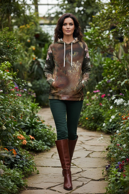 A woman stands on a stone garden path wearing a brown camouflage hoodie with white drawstrings, dark green pants, and tall brown leather boots, surrounded by lush green plants and flowers.