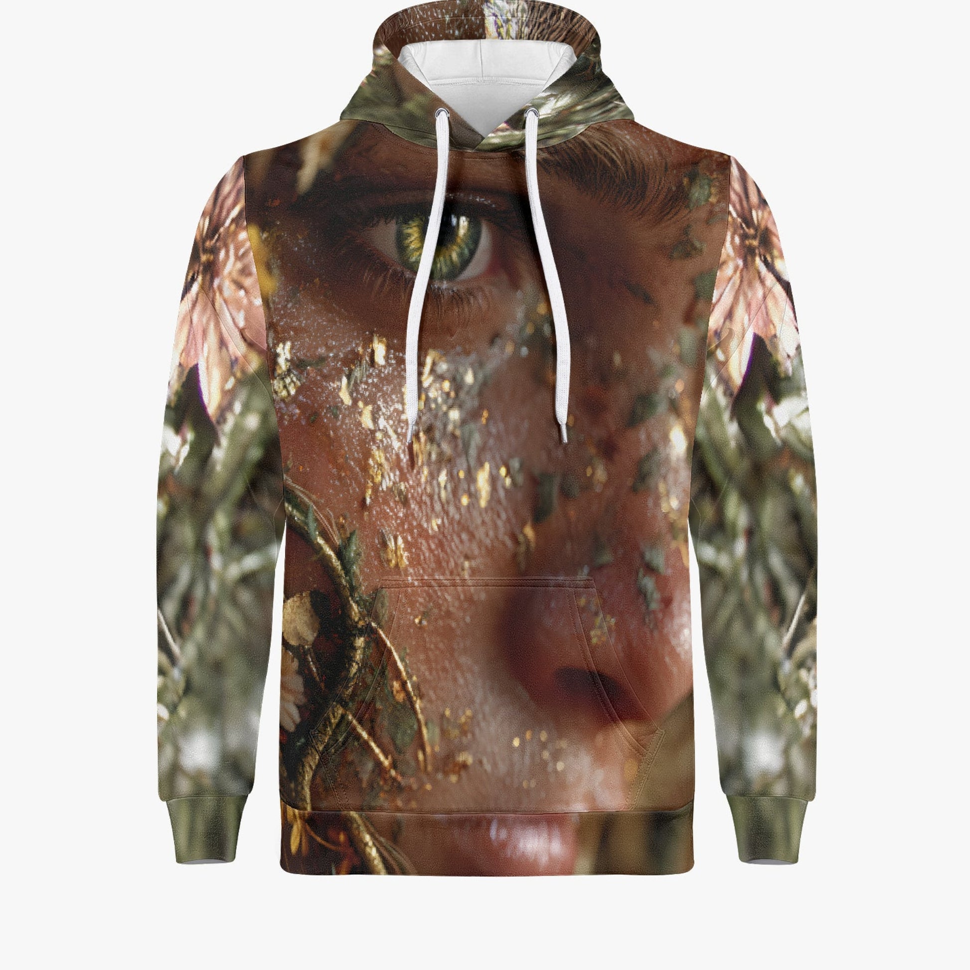 A pullover hoodie featuring an all-over photographic print of a person's face blended with floral and natural textures. The hoodie has white drawstrings and is shown against a plain light gray background.