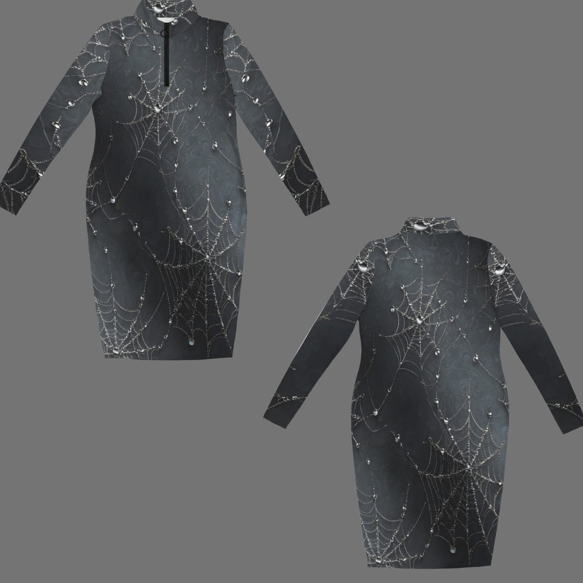 A long-sleeve mock-neck dress shown from both front and back views on a solid gray background. The dress features a black base with a detailed white spiderweb pattern and small silver rhinestone accents.
