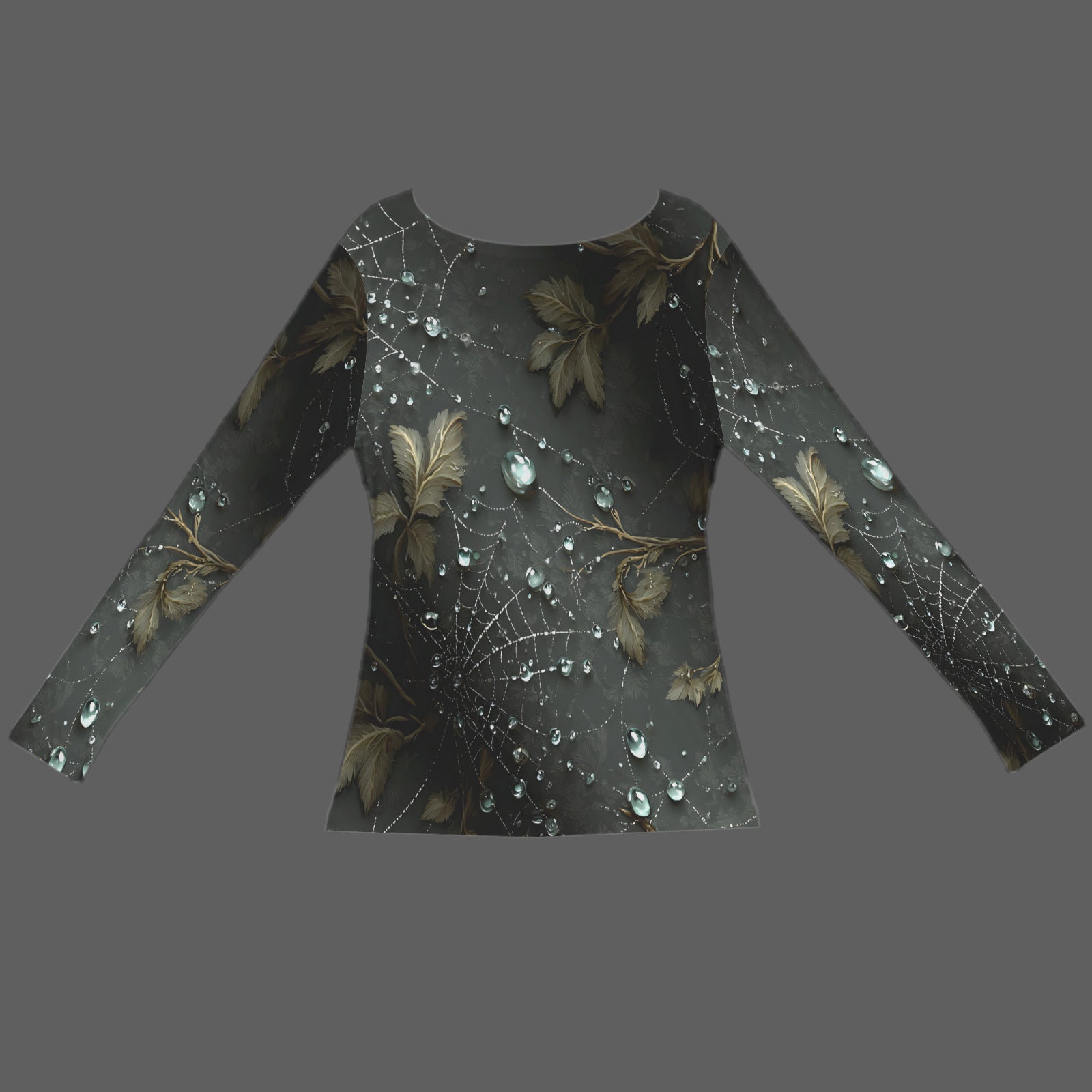 A long-sleeve top with a dark gray and black base featuring a detailed print of spiderwebs, gold-toned leaves, and clear water droplets, shown against a solid dark gray background.