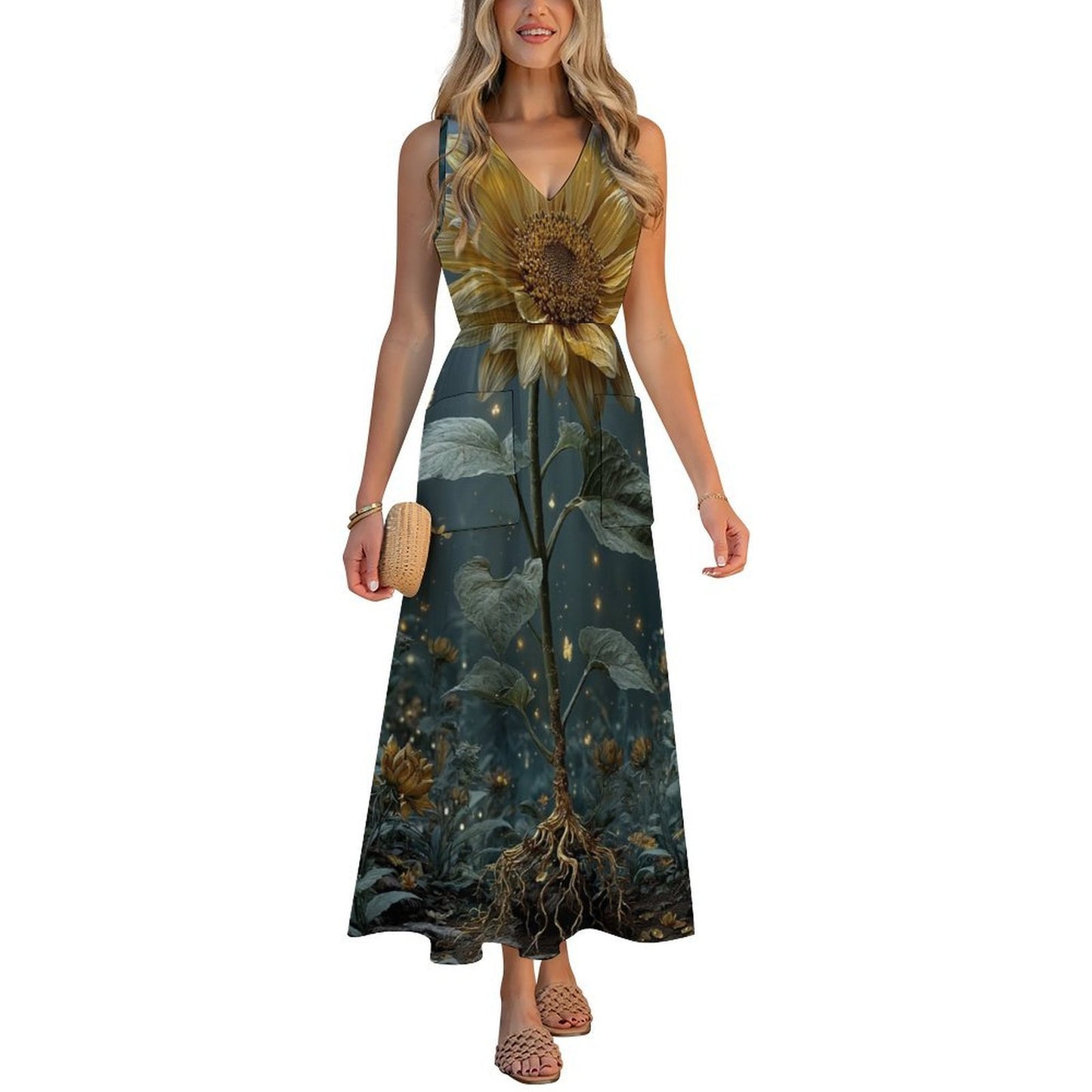 All-Over Print Women's Casual Sleeveless V-neck Midi Dress With Pockets