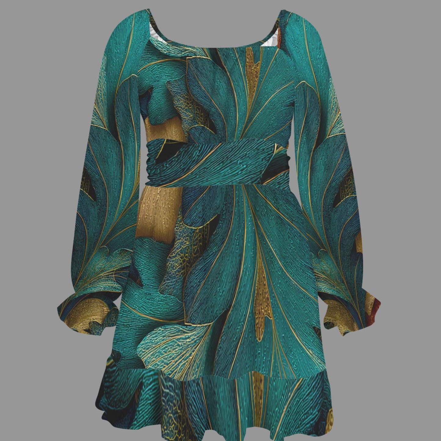 A long-sleeve mini dress with a wide scoop neckline, featuring an abstract leaf-like pattern in teal, green, and gold, shown against a solid gray background.