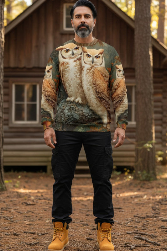A man wearing a crewneck sweatshirt with a realistic owl print, standing in a forest in front of a wooden cabin.