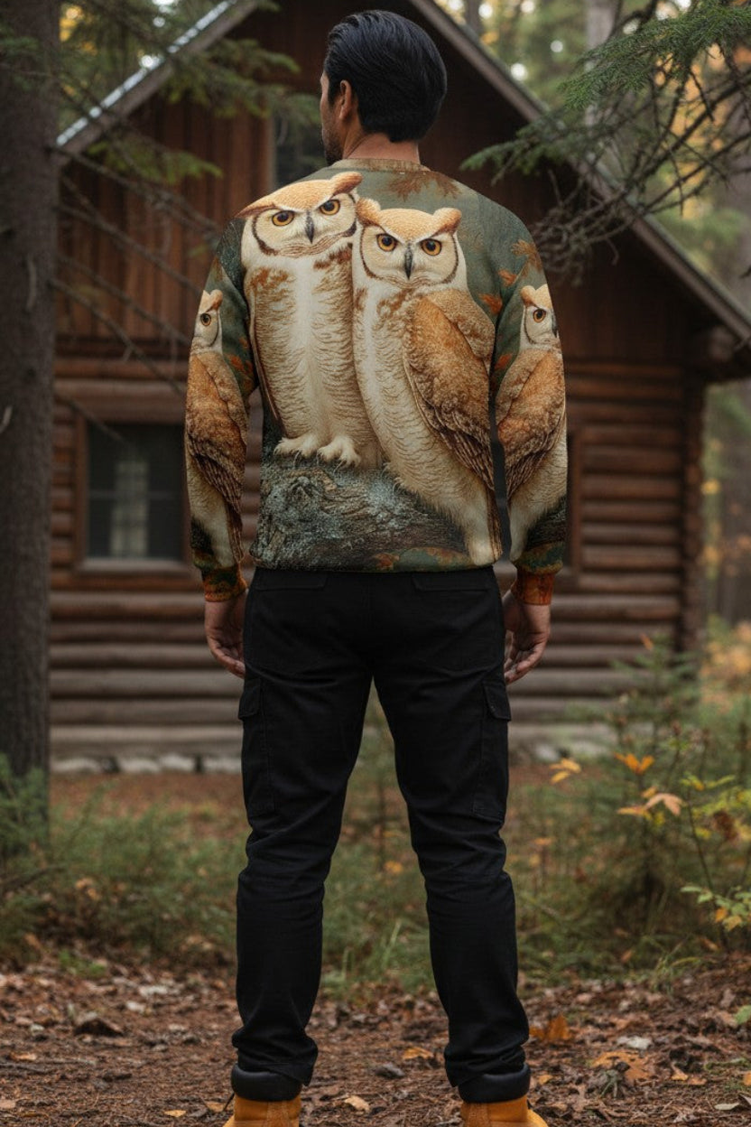 A man viewed from behind wearing a long-sleeve crewneck shirt with a realistic owl print, standing in a forest in front of a rustic log cabin.