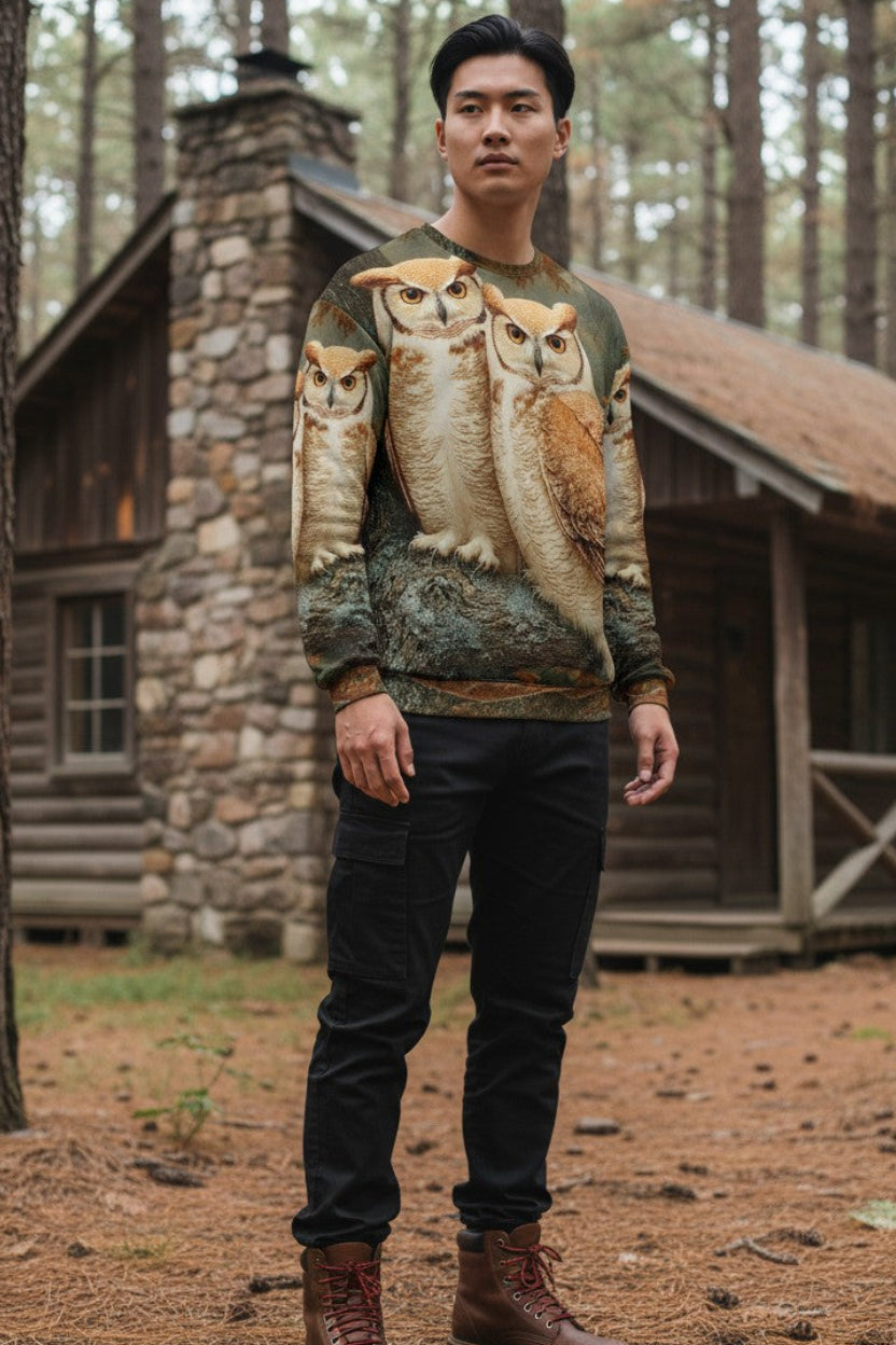 A man standing in a pine forest in front of a rustic stone cabin, wearing a crewneck sweatshirt with a detailed owl print, black pants, and brown boots.