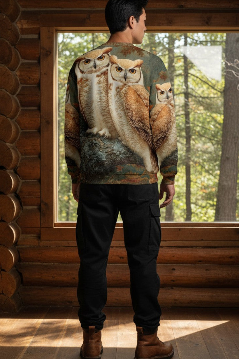A man stands with his back to the camera inside a rustic log cabin, wearing a long-sleeve crewneck sweatshirt with a detailed graphic print of three owls on the back, paired with black cargo pants and brown boots.