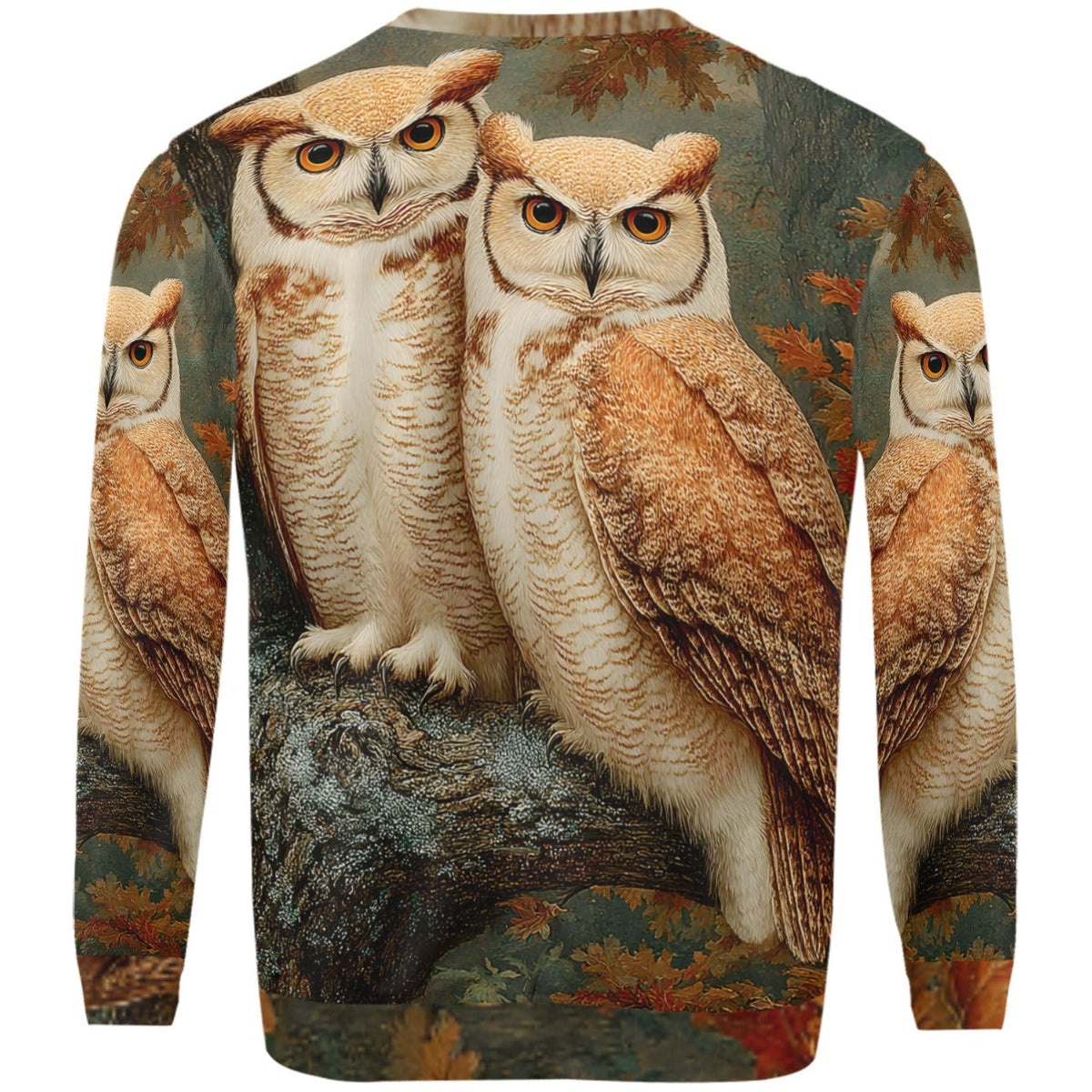 A crewneck sweatshirt featuring an all-over print of great horned owls perched on branches with autumn foliage in the background, shown against a plain white background.