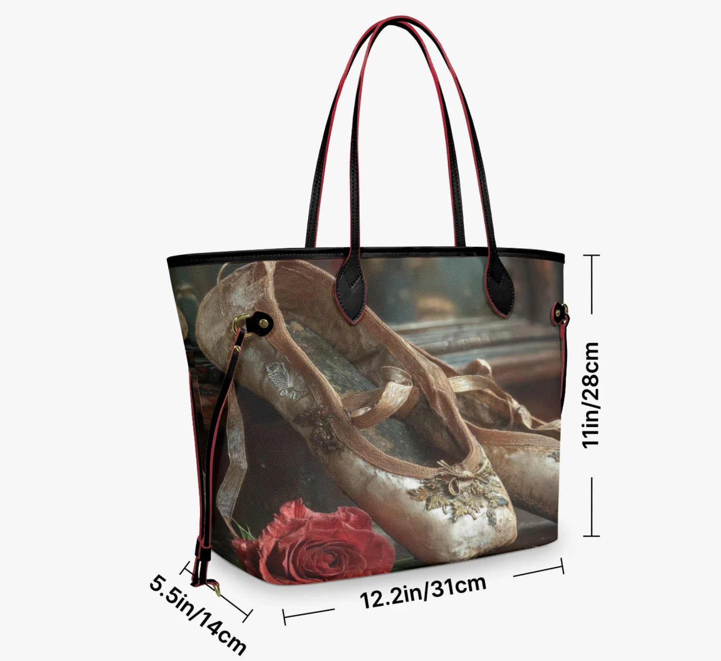 A tote bag with a vintage ballet shoe and red rose print, shown with black handles and dimension lines indicating its measurements of 12.2 in x 11 in x 5.