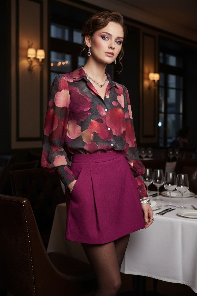 A woman stands in a dimly lit restaurant wearing a sheer floral button-up blouse with large pink, red, and dark gray flowers over a dark base, paired with a bright magenta pleated mini skirt.