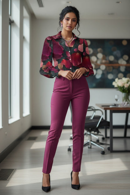 A woman stands in a modern office setting wearing a sheer long-sleeve floral blouse with a deep V-neckline and magenta high-waisted slim-fit trousers, paired with black heels.