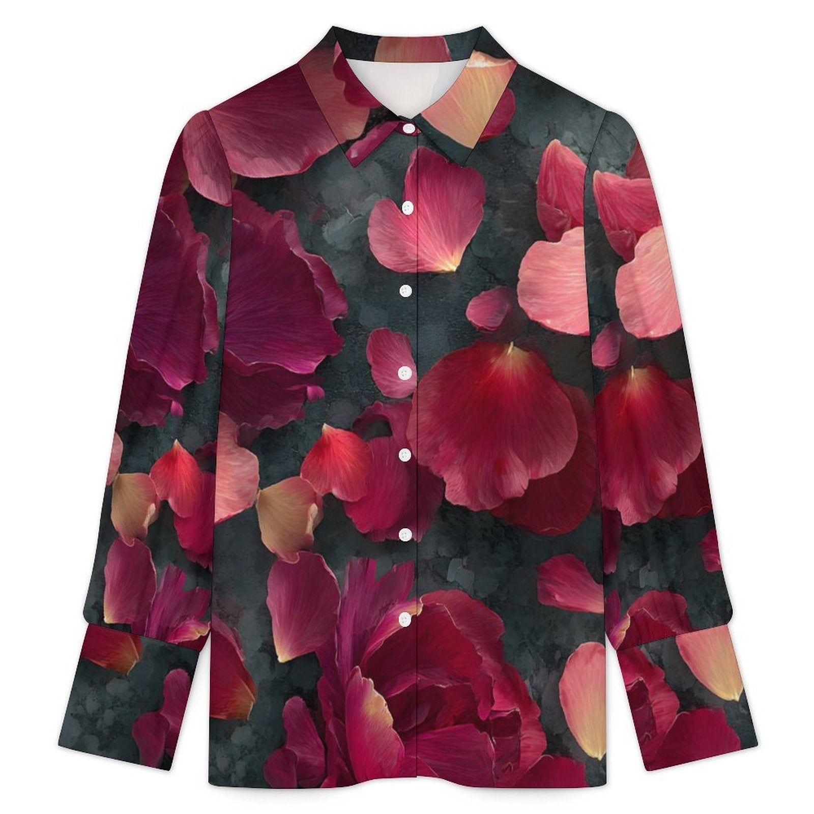 A long-sleeve button-up shirt with a dark charcoal background and an all-over floral print of large pink, red, and magenta flower petals with soft peach highlights.