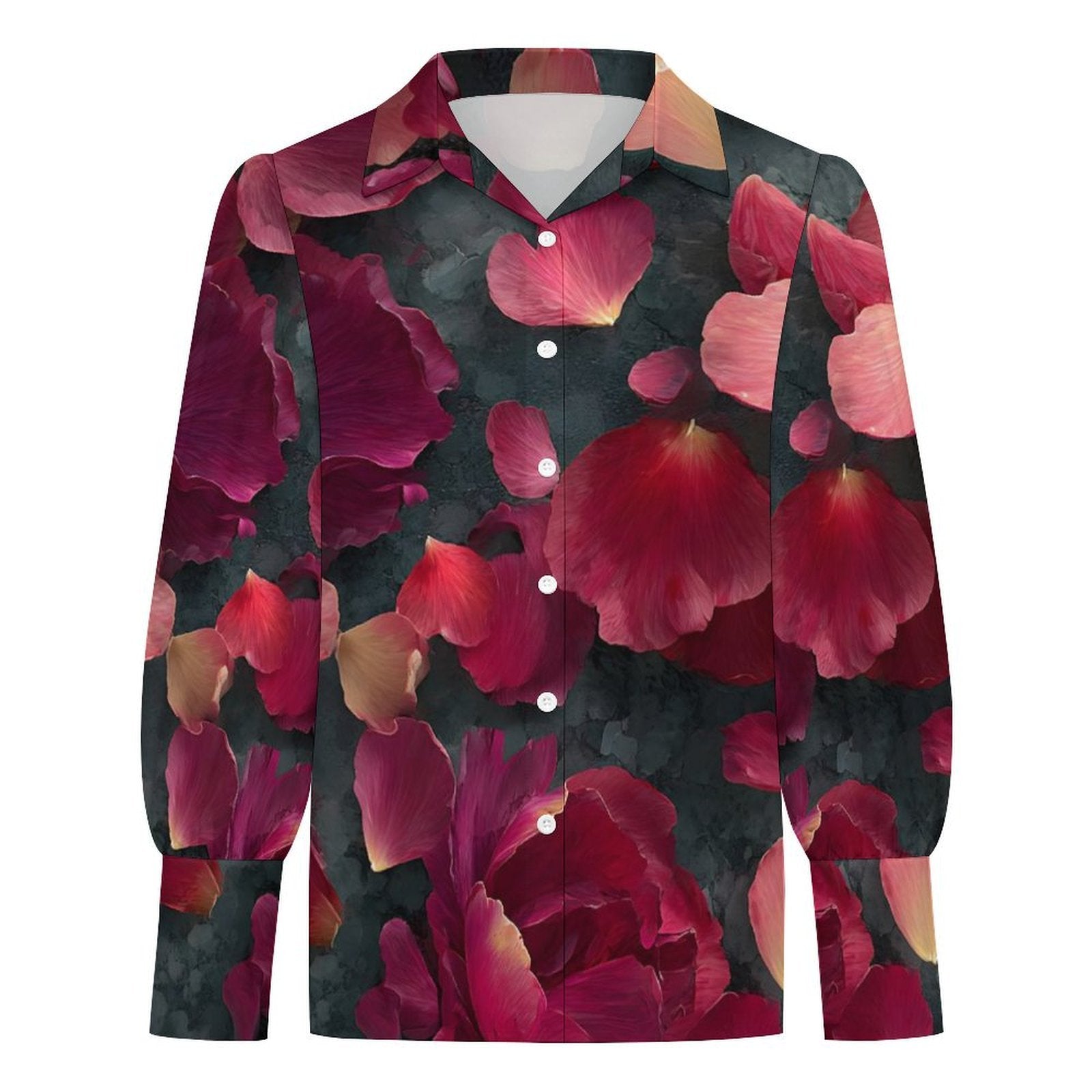 A long-sleeve button-up shirt with a bold floral print of large red and pink peony-like flowers over a dark charcoal background, shown on a plain white studio background.