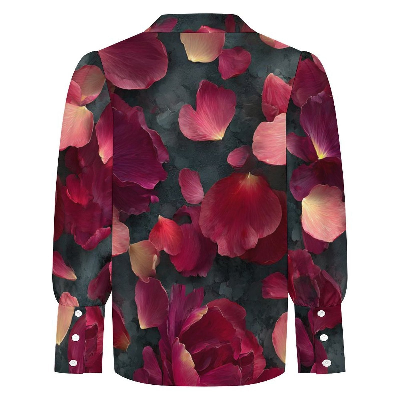 A long-sleeve button-up shirt with a dark charcoal background covered in a large-scale print of red, pink, and magenta rose petals, shown against a plain white background.